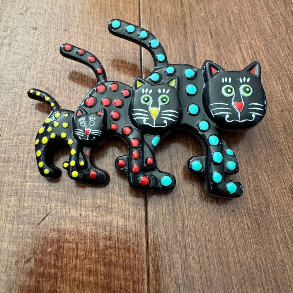 Vintage 90s Kelly Graham Purrfect Pieces Black Plastic Black Cat Trio Pin Brooch